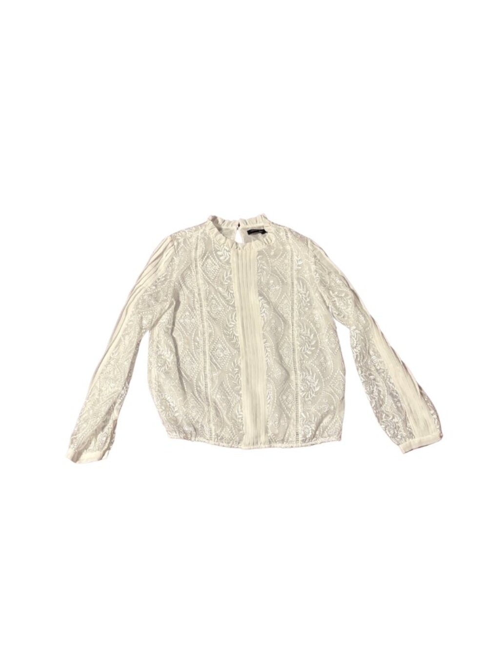 Vimly White Lace Ruffle Neckline Blouse Top Size Medium Polyester Long Sleeve